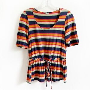 Fossil shirt blue orange striped boho tie waist scoop neck